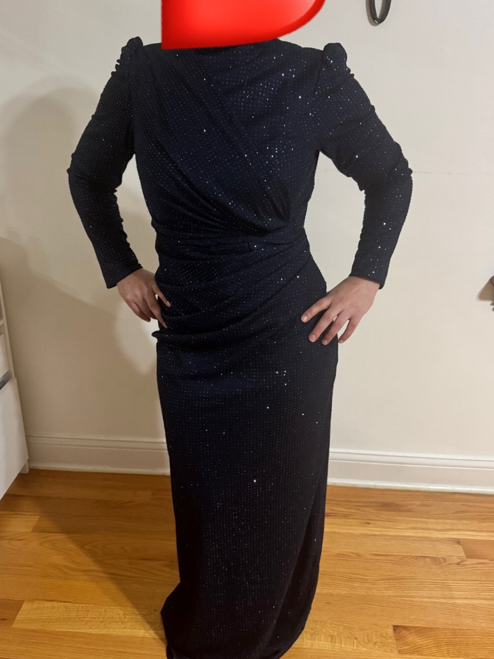 Navy blue Sparkle Ruched Long-Sleeve Evening Dress